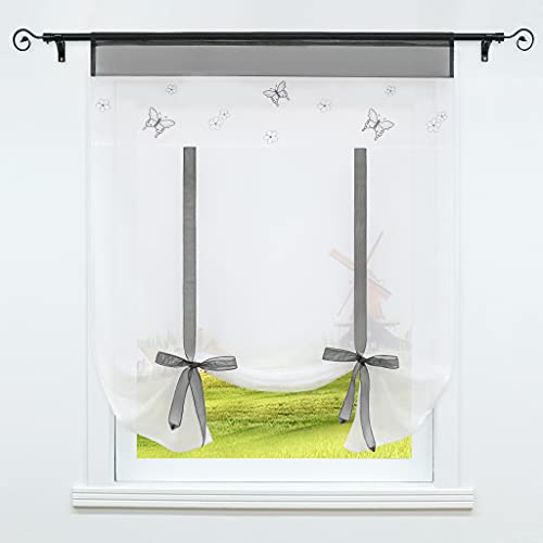 CORLIF Raffrollo Küche Raffgardine mit Tunnelzug Bändchenrollo Transparent Voile Vorhang mit Schmetterling Bestickt Grau BxH 100x140cm 1 Stück von CORLIF