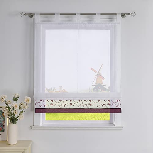 CORLIF Raffrollo mit Blumenmuster Bestickte Raffgardine Küche Modern Schlaufenrollo Leinenoptik Transparente Rollo Kurz Fenster Schal Landhaus mit Schlaufen B/H 100/150 cm Violett von CORLIF