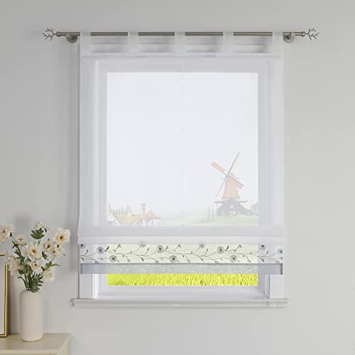 CORLIF Raffrollo mit Schlaufen Modern Raffgardine Küche Schlaufenrollo Leinenoptik mit Blumen Stickerei Transparente Rollo Landhaus Kurz Fenster Schal B/H 45/150 cm Grau von CORLIF