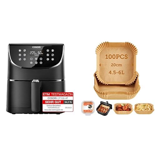 COSORI Heißluftfritteuse 5,5L XXL Friteuse Heissluft Fritteusen Air Fryer mit Digitalem LED-Touchscreen, Backpapier für Heißluftfritteuse 4,5-6L, 100 Stück, 20cm von COSORI