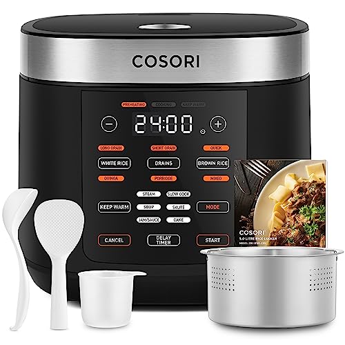 COSORI Reiskocher & Dampfgarer mit Keramik-Innentopf und Fuzzy Logic, 50 Rezepte, 1,8L Fassungsvermögen für 1-10 Personen, Multikocher mit 17 Funktionen, Wärmer, Timer, LED-Anzeige - Schwarz von COSORI