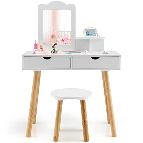 COSTWAY Kinder Schminktisch Set, 2 in 1 Frisiertisch Schreibtisch & Hocker mit abnehmbarem Spiegel, 2 Schubladen, Kamm, Schminkkommode Holz für Mädchen im Alter von 3-7 Jahren von COSTWAY