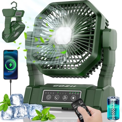 COZII Camping Ventilator Tischventilator, 20000mAh USB Ventilator Akku, 4 Geschwindigkeiten Tragbarer Ventilator mit Licht Hängehaken & Fernbedienung für Camping Reisen Picknick Grill Angeln Büro von COZII