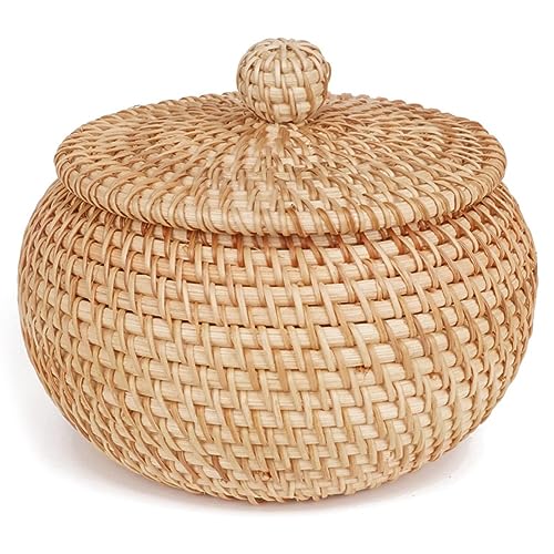 CRAKES Rattan Rund Korb mit Deckel, Rattan-Backwarenkorb mit Deckel, Brot Obst Snacks Korb für Tischregal von CRAKES