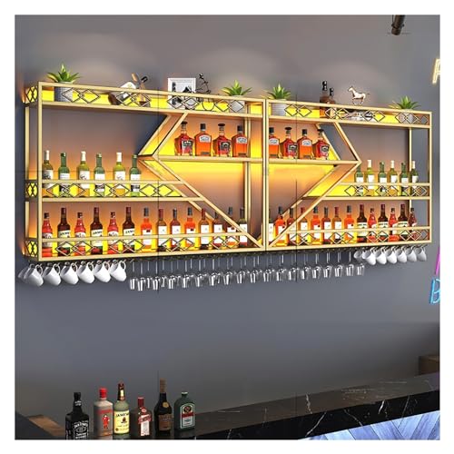 CRBUDY Weinregal zur Wandmontage mit LED-Licht, schwebende Bar-Wandregale, Regal für die Präsentation von Likörflaschen aus Metall, Weinlagerregale mit großer Kapazität und Weinglashalte von CRBUDY