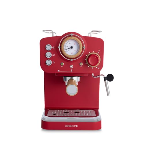 CREATE / THERA MATT RETRO/Espressomaschine Rot Matt und Holz/Halbautomatisch, mit einer 15 bar Druckpumpe und 1100W, 1,25L Wasserbehälter, für gemahlenen Kaffee, 55mm. ESE- Pads von CREATE