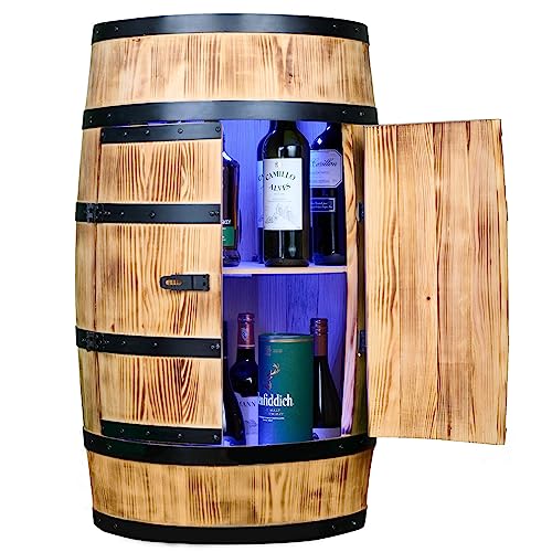 CREATIVE COOPER Weinfass Stehtisch mit Tür und LED RGB - Alkoholschrank Flaschenregal Holz - Holzfass - Fassmöbel - Nadelbaumholz - Wineregal - Weinbar - Fass bar mit Tür - 80Cm (Sonnenverbranntes) von CREATIVE COOPER
