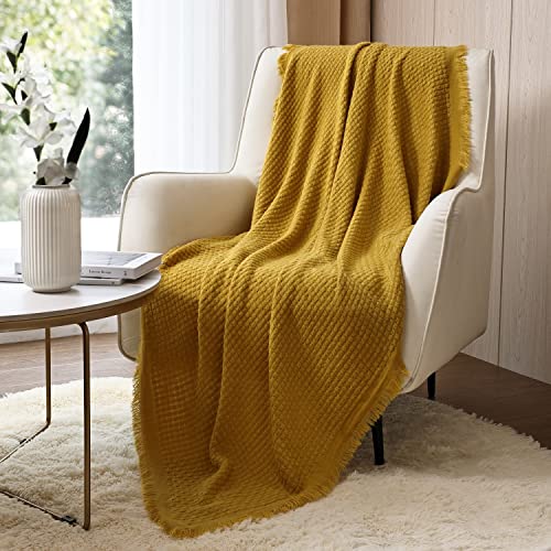 CREVENT Farmhouse Boho Knitted Throw Blanket for Couch Sofa Chair Bed Home Decoration, Soft Warm Cozy Light Weight for Spring Summer Fall (50''X60'' Mustard / Yellow) von CREVENT