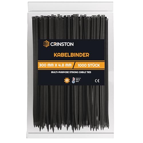 CRINSTON - 1000 Kabelbinder 300 x 4,8 mm - UV-Beständig - Mindestzugfestigkeit 22,4 kg - Schwarz von CRINSTON