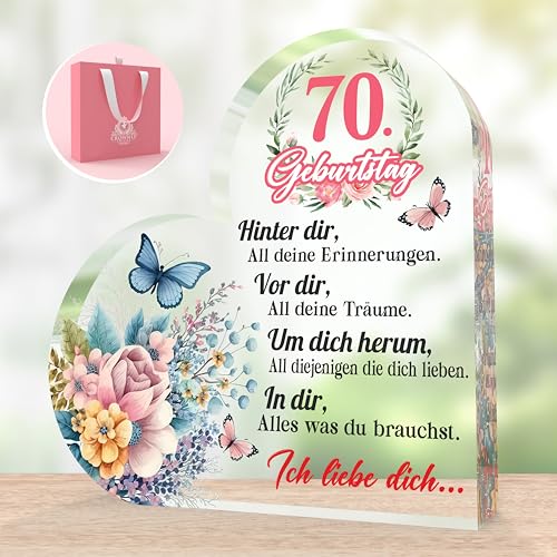 CROWNLY CRYSTAL® 70. Geburtstag Frau Herzförmige Acryltafel Personalisierte Geschenke Frauen Gedenktafel Geschenke für 70 Jährige Frauen Deko 70 Geburtstag Frau Oma Geschenk Coole Geschenke von CROWNLY CRYSTAL