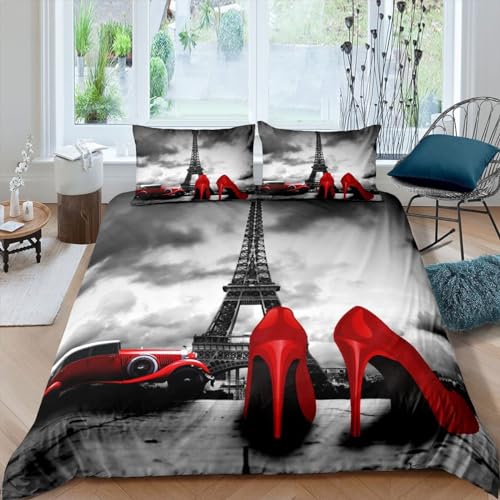 CTQTZ Paris-Thema Bettwäsche-Set für Kinder 135x200cm Eiffelturm Kinder bettwäsche Bettbezug und Kissenbezug 80x80cm Rot Auto Hoher Absatz Bettbezug mit 2 Kissenbezug von CTQTZ