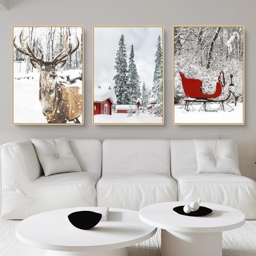 CULASIGN 3er Set Moderne Poster Set,Weihnachten Winter Wälder Schnee Schlitten Elch Bilder,Weihnachten Poster Ohne Rahmen Deko für Wohnzimmer Schlafzimmer (30x40cm) von CULASIGN