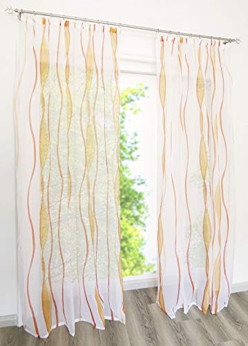 CURTAIN LAND Gardine Voile Transparenter Vorhänge mit Wellen Druck 1PC Vorhang (BxH 140x225cm, Orange mit Kräuselband) von CURTAIN LAND