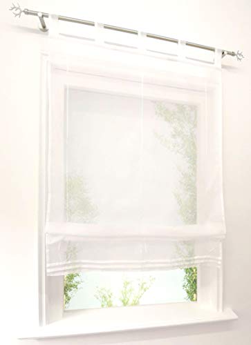 Raffrollo Voile Raffgardinen mit Schlaufen Schlaufenrollo Transparent Gardine (BxH 120x140cm, Weiß) von CURTAIN LAND