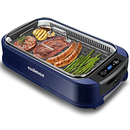 CUSIMAX Steak Grill | 1500W Tischgrill Elektrisch | BBQ-Grill für drinnen und draußen | Elektrogrill mit deckel, Touchscreen-Temperaturregelung, Ölauffangwanne und Abnehmbare Grillplatte von CUSIMAX