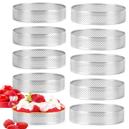 10 Stück Mousse Tartelette Förmchen, Dessert Mousse Ring Mit Löchern, 8cm Edelstahl Tartelette Förmchen, Perforierter Dessertringe Mousse Ring, Für Herstellung Von Pie Quiche Kreis Donutsburger 8 Cm. von CZlinOduMMX