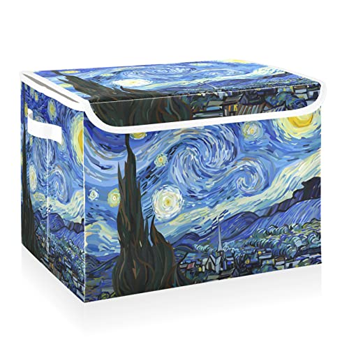 CaTaKu Große Stoff-Aufbewahrungskörbe mit Deckel, Van Gogh The Starry Night Aufbewahrungsboxen mit Griffen für die Organisation von Kleidung, zusammenklappbare Aufbewahrungswürfel, Körbe für Regale von CaTaKu