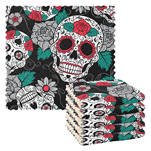 CaTaKu Retro-Geschirrtücher mit Totenkopf-Rosen-Motiv zum Waschen von Geschirr, wiederverwendbar, Reinigungstuch, Geschirrtücher, Mikrofaser-Waschlappen, Geschirrtücher für die Küche, 6 Stück von CaTaKu