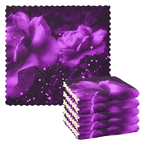 CaTaKu Violet Roses Lila Küche Geschirrspültücher 6er Set Küchentücher Geschirrtuch Wiederverwendbare Reinigungstücher Geschirrtücher Bar Handtuch Geschirrtücher für Küche von CaTaKu