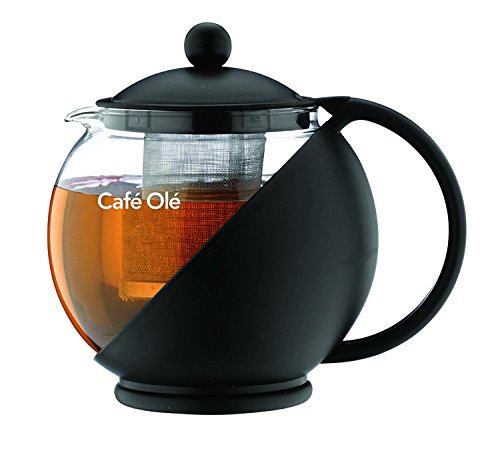 Café Olé Everyday Round Tea Pot Infuser Basket Glasteekanne Loose Leaf 700 ml/24 oz, Schwarz, 700ml / 0.7L von Café Olé