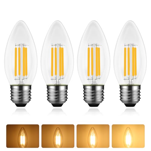 Caldarax 4 Stück E27 Kerze LED Lampe 4W Dimmbar, Ersetzt 40W Glühlampen, Warmweiß 2700K, 400LM, AC 220V-240V, C35 Kerzenform, E27 Filament Fadenlampe, Transparentes Glas, für Kronleuchter, Wandlamp von Caldarax