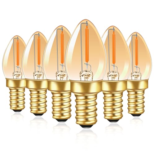 Caldarax C7 LED Glühbirne, E12 Edison Birne 0.5W Kerzenlampe Ersatz 5W Glühbirne, E12 LED Filament Glühbirne Amber für Nachtlicht, 50LM, 2200K Warmweiß, Nicht Dimmbar, 6 Stück von Caldarax