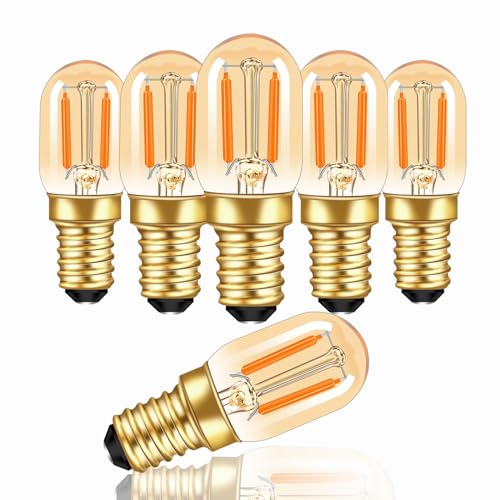 Caldarax E14 LED Glühbirne Warmweiss 1W, T22 E14 Vintage Edison Birne Ersatz 10W Glühbirne, Amber E14 LED Filament Birne Kühlschrankbirne Mini Röhrenbirne, 2200K Nicht Dimmbar, 6 Stück von Caldarax