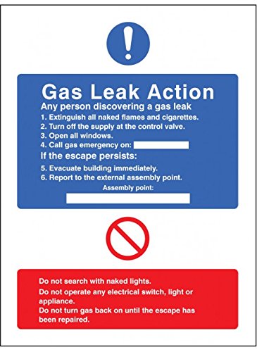 Caledonia Signs 11431H Gas Leak Action Schild, starrer Kunststoff, H: 300 mm x 250 mm von Caledonia Signs