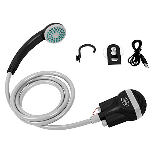 Akku Dusche Camping, 5 Volt USB, inkl. Tauchpumpe mit Filter, 2 Meter Schlauch, 60 cm USB-Ladekabel, Akkuleistung 60 min. von Camp4
