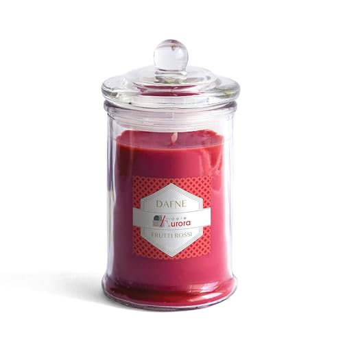 Kerzen von Aurora Dafne Duftkerze in Glas mit Deckel und Band bunt, Wachs, Berry Rot, 6.2 x 6.2 x 15 cm von Candele D'Aurora