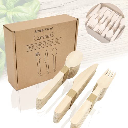 Candelo® Einwegbesteck Set 200-teilig aus Holz - 100 Holzgabeln 50 Holzlöffel 50 Holzmesser - nachhaltiges Holzbesteck - kompostierbares Einweggeschirr von Candelo