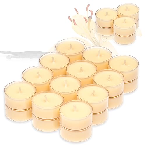 Candelo 24er Set Duft Kerzen Ambiente - Duftteelichter Vanille - Teelicht in Kunststoff Hülle je 1,7 x 3,8cm - 4 Std Brenndauer - Teelichter in Creme von Candelo