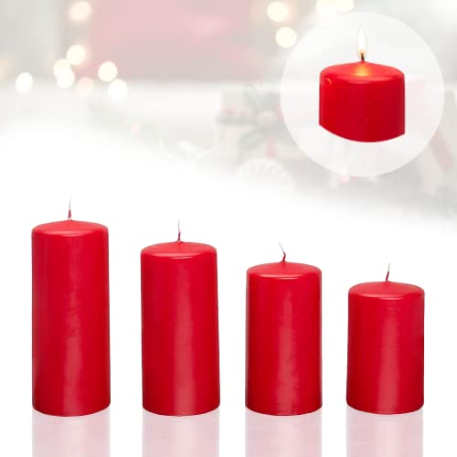 Candelo 4er Set Kerzen Weihnachten Ambiente Stumpenkerzen - Rot - 7,5/9/10,5/12cm - Weihnachtskerzen Adventskranz - Advent Kerze Weihnachtsdekoration von Candelo