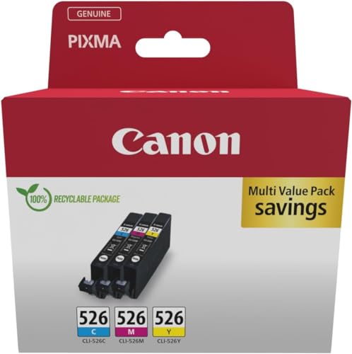 Canon CLI-526 C M Y Vorteilspack 3 Tintenpatronen (Cyan, Magenta, Gelb) Original [Umweltfreundliche Recycle-Kartonverpackung 2024] von Canon