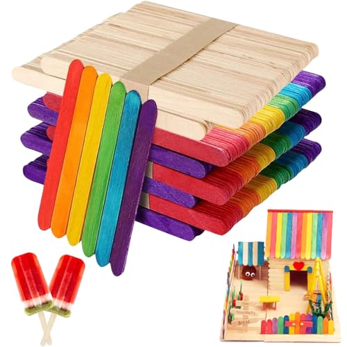 400 Stück Eisstiele Holz, Bunte Holzstäbchen, Holzstäbe zum Basteln, Eisstäbchen Holzspatel zum Basteln, Popsicle Sticks Eisstiele aus Holz für Popsicle Herstellen, DIY Handwerk Bastelarbeiten(B) von Capgoost