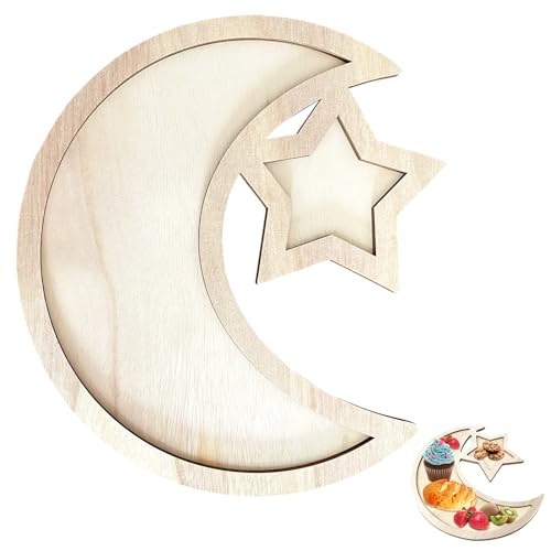 Capgoost Ramadan Tablett, Ramadan Teller, Eid Mubarak Tischdeko, Eid Stern Mond Holz Tablett, Ramadan Serviertablett, Islam Muslim Party Geschirr Servieren Geschirr zum Dessert für Tischdekoration von Capgoost