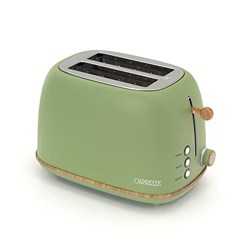 CAPRIZZE Kaito Toaster mit extra breitem Doppelschlitz, 3,8 cm und 13,5 cm lang, 6 Toaststufen, Vintage-Design, Holz-Effekt, matt grün von Caprizze