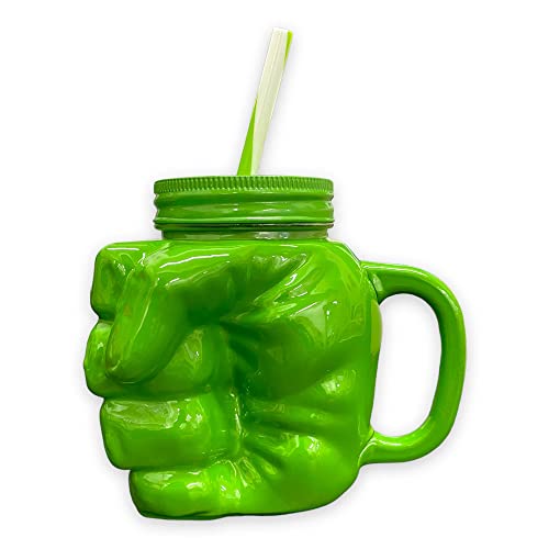 Caribou Living Marvel Avengers Hulk Big Green Fist Mason Jar Drink Glas Tasse Becher 450 ml mit Deckel und Strohhalm von Caribou Living