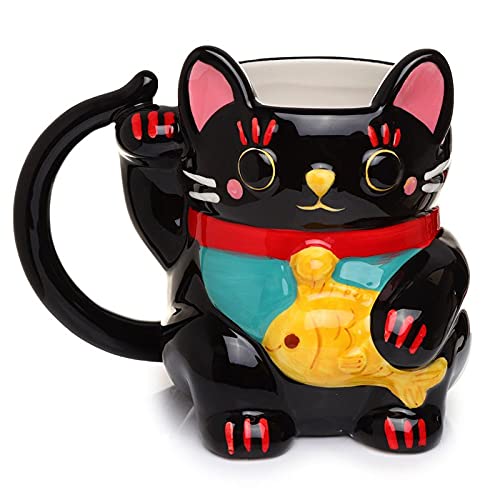 Caribou Living Schwarze Katze Maneki Lucky 3D Keramik Neuheit Niedliche Tasse 400 ml für Heißgetränke, Tee, Kaffee, heiße Schokolade von Caribou Living