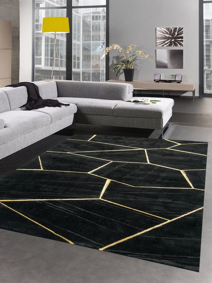 Teppich Teppich Wohnzimmer geometrisches Muster schwarz gold, Carpetia, rechteckig, Höhe: 12 mm von Carpetia