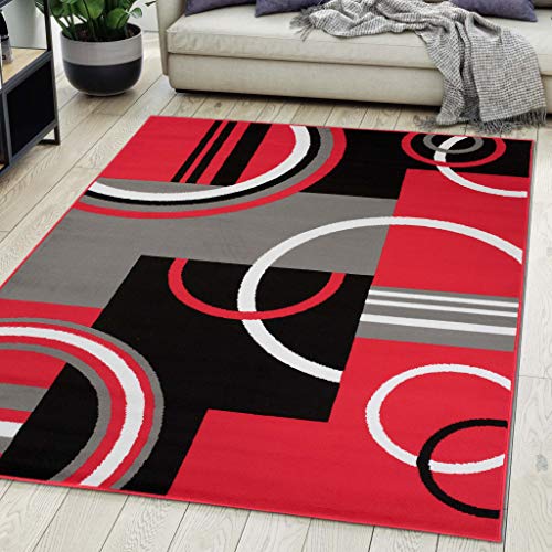 Teppich Wohnzimmer Kurzflor Rot Modern Geometrisch Muster Öko-Tex 120 x 170 cm von Carpeto Rugs