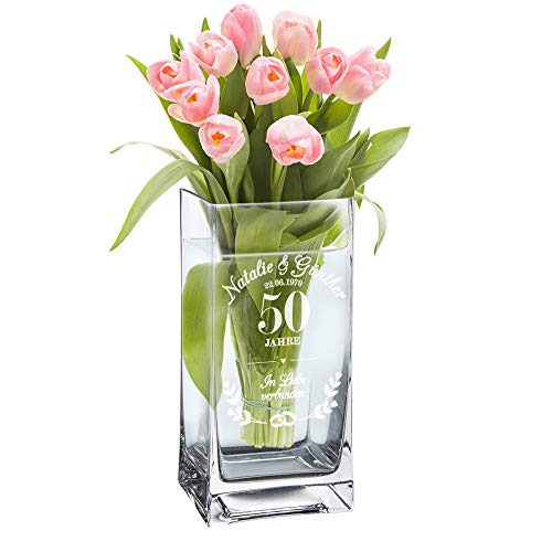 Casa Vivente Blumenvase mit Gravur zur Goldenen Hochzeit, Vase mit Ring-Motiv, Personalisiert mit Namen und Datum, Geschenk zum 50. Hochzeitstag von Casa Vivente