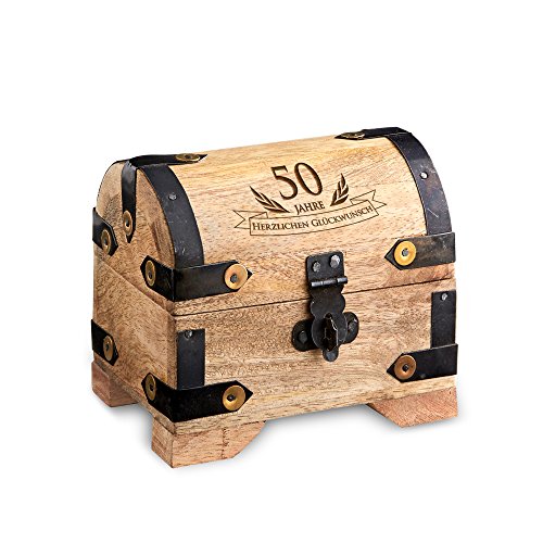 Casa Vivente Kleine Schatztruhe zum 50. Geburtstag, Schmuckkästchen mit Gravur, Aufbewahrungsbox aus hellem Holz, Verpackung für Geldgeschenke von Casa Vivente
