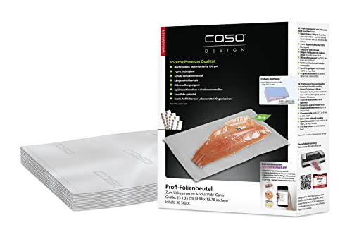 CASO Profi- Folienbeutel 25x35 cm / 50 Beutel, für alle Vakuumierer, BPA-frei, sehr stark & reißfest ca. 150µm, aromadicht, kochfest, Sous Vide, wiederverwendbar, inkl. Food Manager Sticker von Caso
