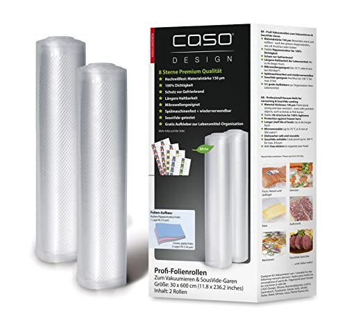 CASO Profi- Folienrollen 30x600 cm/2 Rollen, für alle Vakuumierer, BPA-frei, sehr stark & reißfest ca.150µm, aromadicht, kochfest, Sous Vide, wiederverwendbar, inkl. Food Manager Sticker, Transparent von Caso