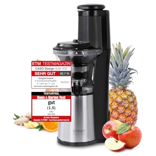 CASO SJW 500 - Design Slow Juicer, Testergebnis „Sehr gut“, Entsafter für Obst, Gemüse & Kräuter, große Einfüllöffnung 75 mm Ø für ganze Früchte, mit Saft- und Sorbetsieb, Schwarz, Edelstahl von Caso