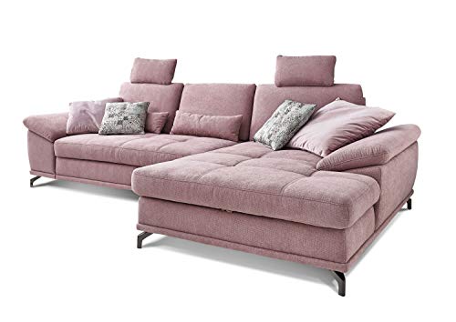 Cavadore Schlafsofa Castiel mit Federkern / Großes Bettsofa in L-Form mit Bettkasten, Sitztiefenverstellung, Kopfstützen und XL-Longchair / 312 x 114 x 173 / Webstoff, Flieder-Rosa von CAVADORE