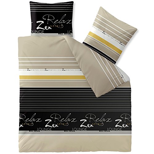 CelinaTex Fashion Bettwäsche 200x200 cm 3teilig Baumwolle Lian Streifen Wörter Beige Schwarz Weiß von CelinaTex