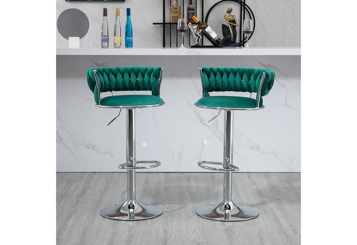 Celya Barhocker 360° Drehstuhl, 2er Set, Höhenverstellbare Barstühle, Küchenstühle mit Rückenlehne und Fußstütze,Samt von Celya