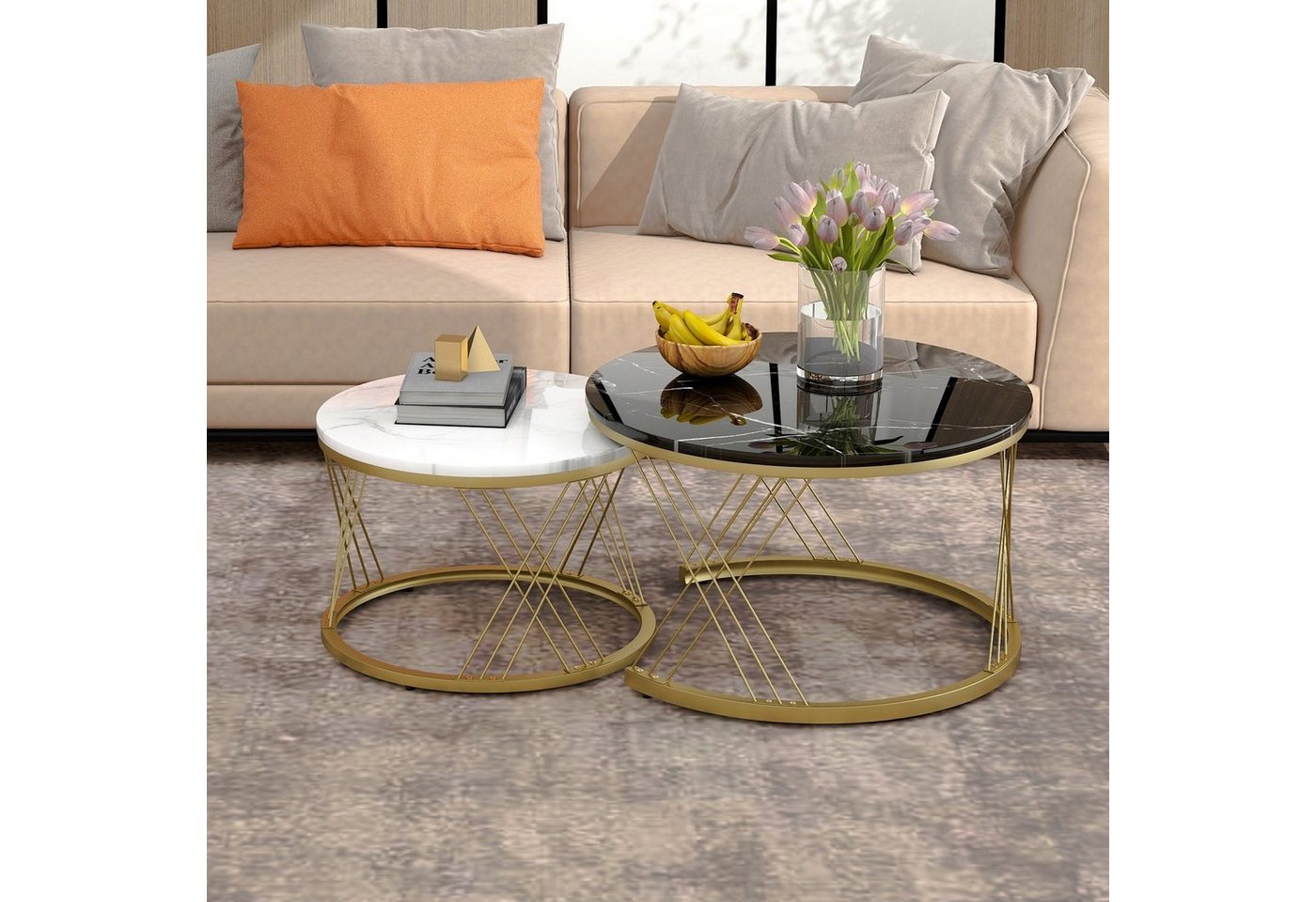 Celya Couchtisch Moderne verschachtelte runde Couchtisch, Marmorfurnier Sofa Tisch, Goldene Farbe Frame von Celya